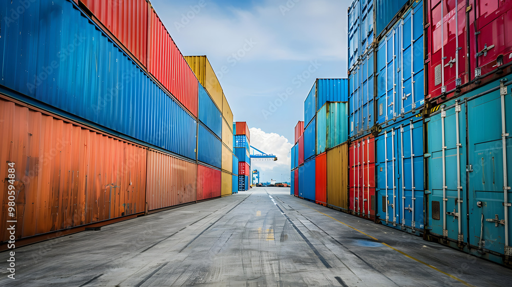 Fototapeta premium Multi-colored cargo containers on the pier of a cargo logistics port. AI Generated