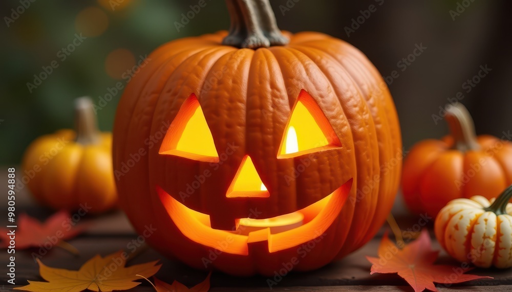 Close-up of a Beautifully Carved Pumpkin with a Flickering Candle Inside, Surrounded by Fall Leaves and Gourds Close-up of a Beautifully Carved Pumpkin with a Flickering Candle Inside, Surrounded by Fall Leaves and Gourds