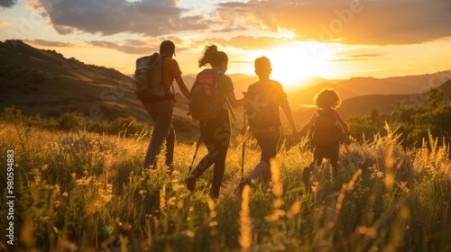 young family with two children hiking in sunrise photo