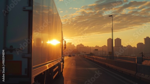 back view of a transportation truck in sutset photo