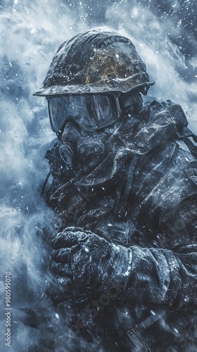 Miner braving hailstorm, helmet and gear pelted by icy chunks, harsh winds whipping around photo