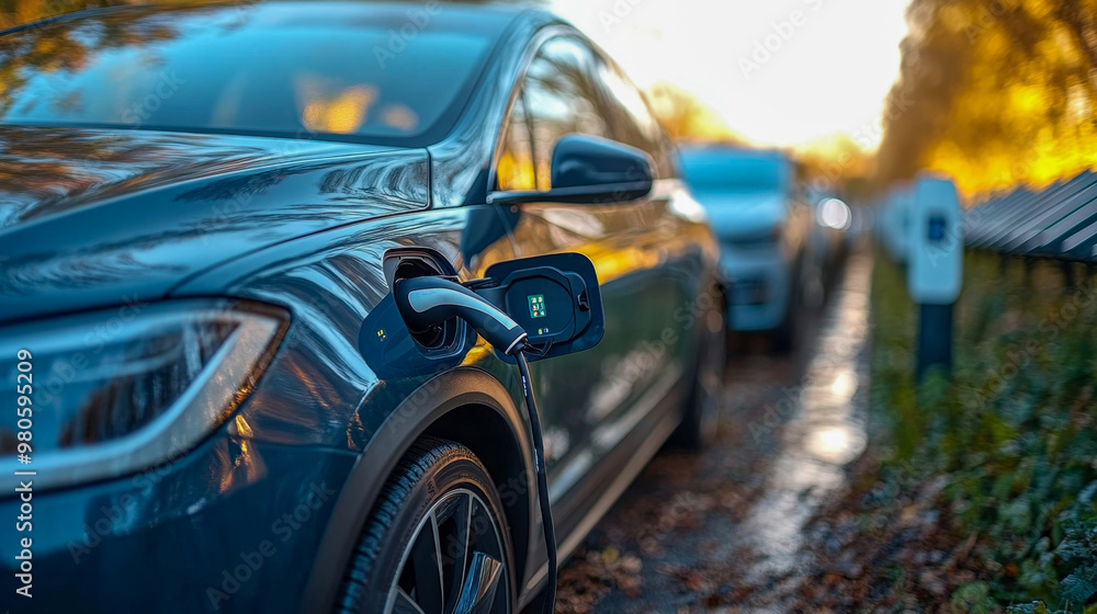 Electric vehicle charging at a public station on a sunny autumn day Electric vehicle charging at a public station on a sunny autumn day
