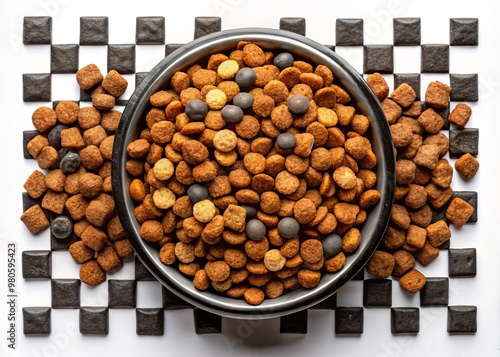 A bowl of nutritious dry food in a black and white checkerboard pattern, with a few kibbles scattered enticingly around the rim. photo