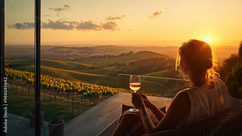 Fototapeta premium A serene sunset view over vineyards with a person enjoying a drink.