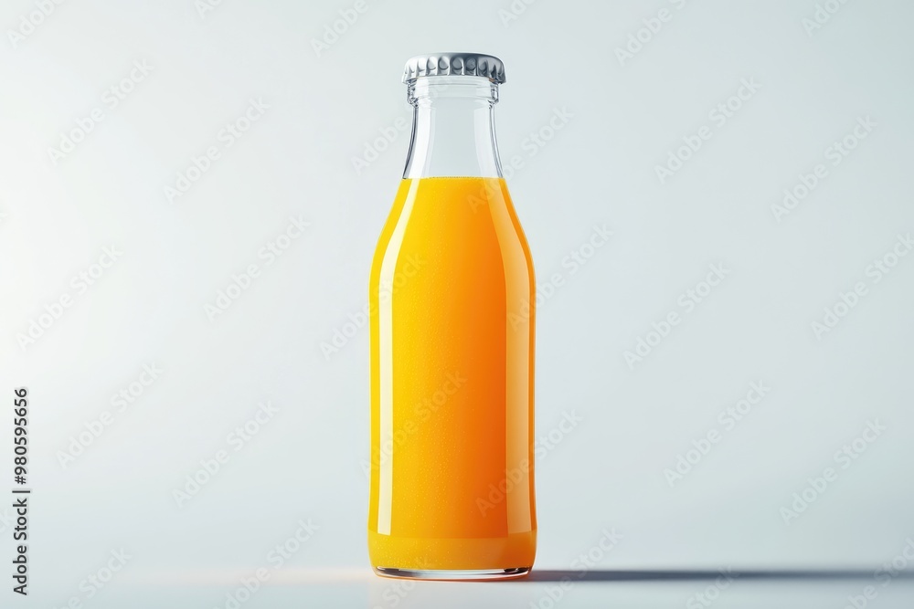Glass Bottle Filled with Orange Juice Against a White Background