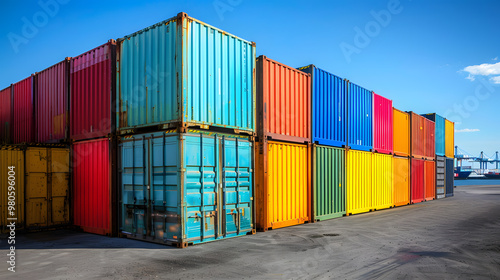 Multi-colored cargo containers on the pier of a cargo logistics port. AI Generated