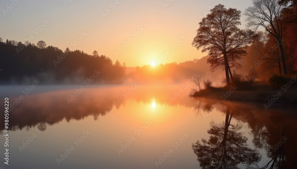Obraz premium Beautiful Fall Sunrise Over a Tranquil Lake with Mist Rising from the Water and Trees Reflected in the Calm Surface