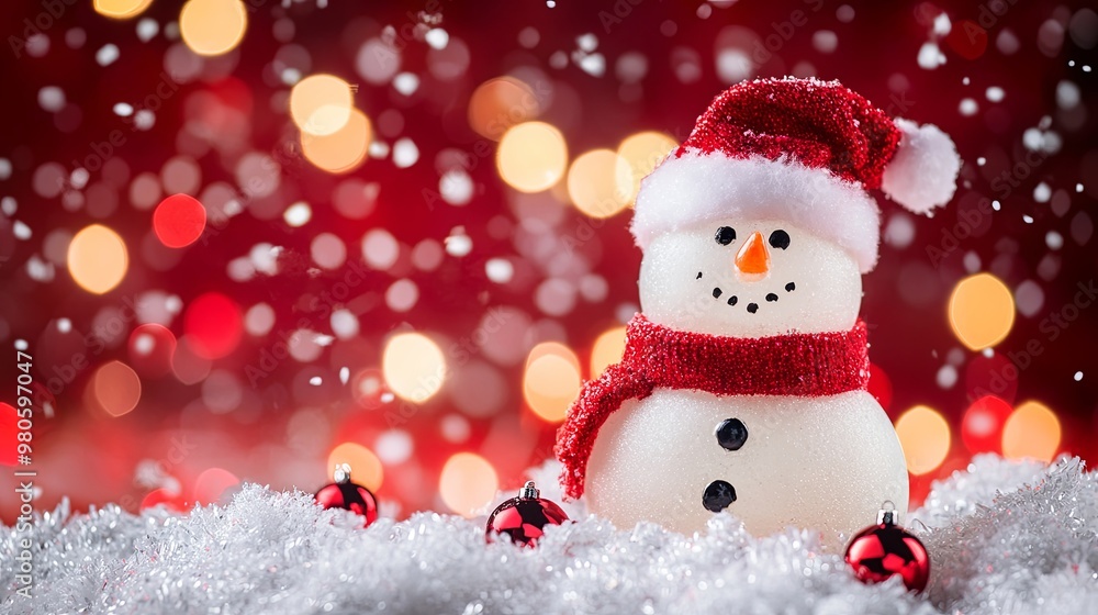 Fototapeta premium A cheerful snowman wearing a red scarf and hat stands against a festive, blurred background of red and golden lights.