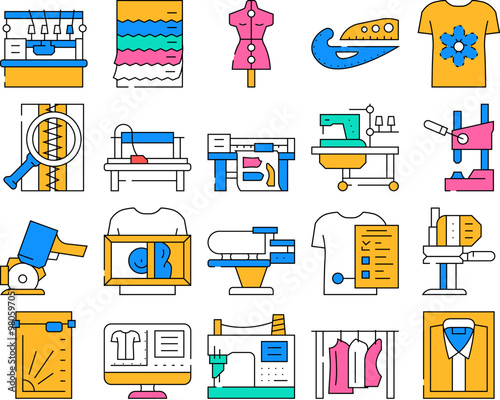 factory sewing sew machine icons set vector. tailor fabricthread, textile fashion, needle industry, needlework, woman seamstress factory sewing sew machine color Contour Illustrations