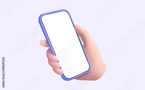 Hand holding mobile phone blank white screen on purple background. Communication, Social media. Online technology, Application, Internet. Hand using mobile phone mockup. 3D Cartoon Vector illustration
