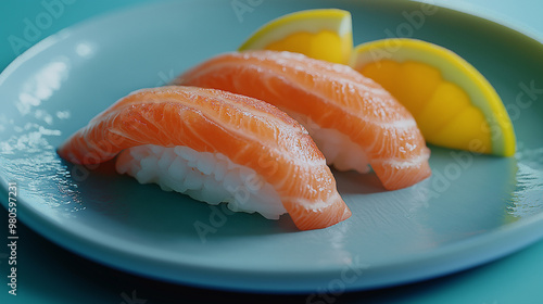 Two pieces of salmon with a lemon wedge on top of a blue plate. The plate is placed on a blue background