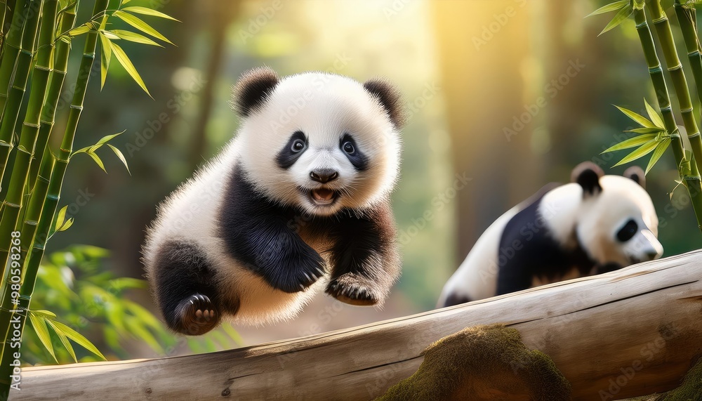 Playful panda cub leaps on log Playful panda cub leaps on log