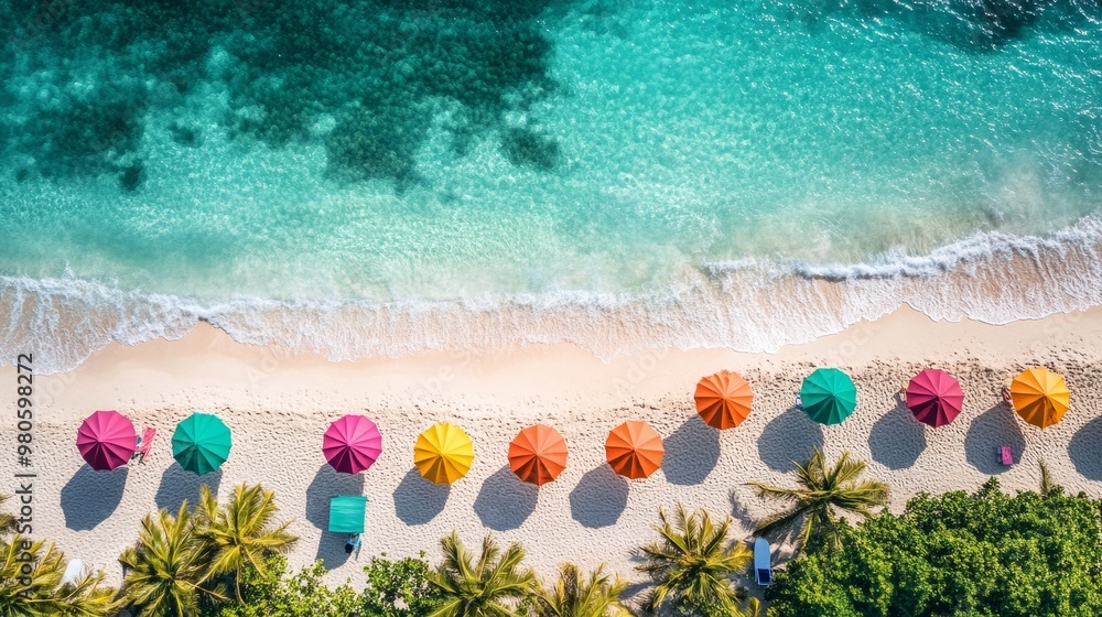 Rows of colorful beach umbrellas on a tropical shoreline, with crystal-clear waters and palm trees swaying in the gentle breeze. Rows of colorful beach umbrellas on a tropical shoreline, with crystal-clear waters and palm trees swaying in the gentle breeze.