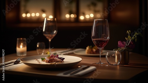 Elegant dining setup with gourmet food and wine in a cozy ambiance.