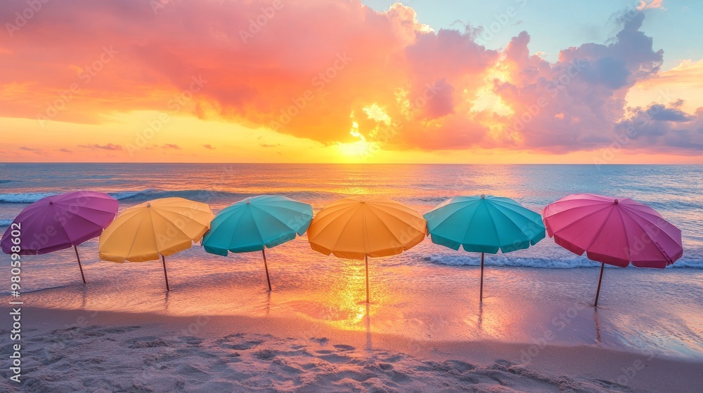 Scenic view of beach umbrellas lining the sandy shore under a vibrant sunset, with the ocean reflecting warm hues of orange and pink. Scenic view of beach umbrellas lining the sandy shore under a vibrant sunset, with the ocean reflecting warm hues of orange and pink.