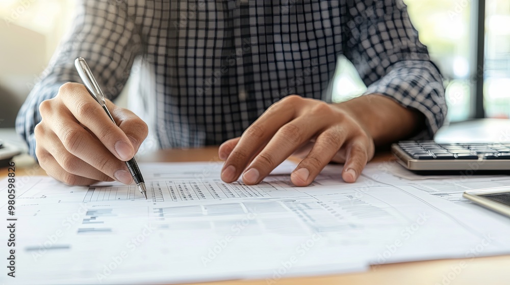 A person writing on documents with charts and a calculator nearby, indicating a business or financial analysis task. A person writing on documents with charts and a calculator nearby, indicating a business or financial analysis task.