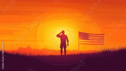 Soldier Saluting at Sunrise with American Flag