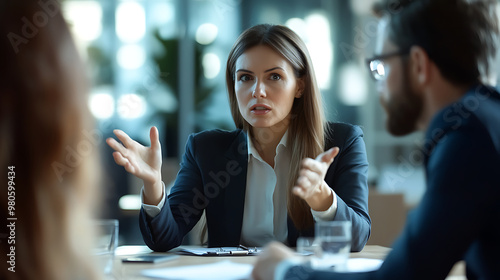 Mediator calming down two negotiators during a heated business argument, conflict resolution, negotiation management  photo