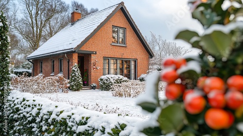 A cozy brick house surrounded by snow, with vibrant orange fruits in the foreground, creating a warm winter scene.