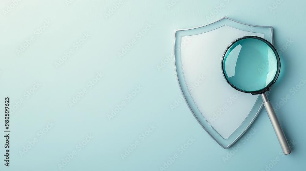 A magnifying glass rests on a white shield against a blue background. This image represents security and inspection. A magnifying glass rests on a white shield against a blue background. This image represents security and inspection.