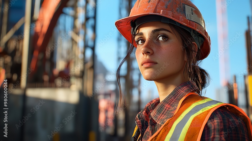 A young female engineer, wearing a yellow hard hat, reviews the site plans at an active construction site during daylight hours. A young female engineer, wearing a yellow hard hat, reviews the site plans at an active construction site during daylight hours.