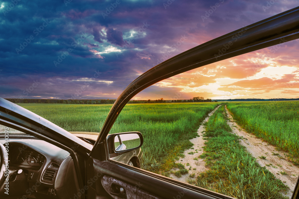 Rural Road In Summer Field, Meadow, Countryside. View From Car Window