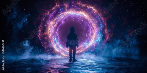 A character stands before a glowing portal, ready to embark on a mystical journey through the unknown, surrounded by vibrant energy and surreal, magical light.