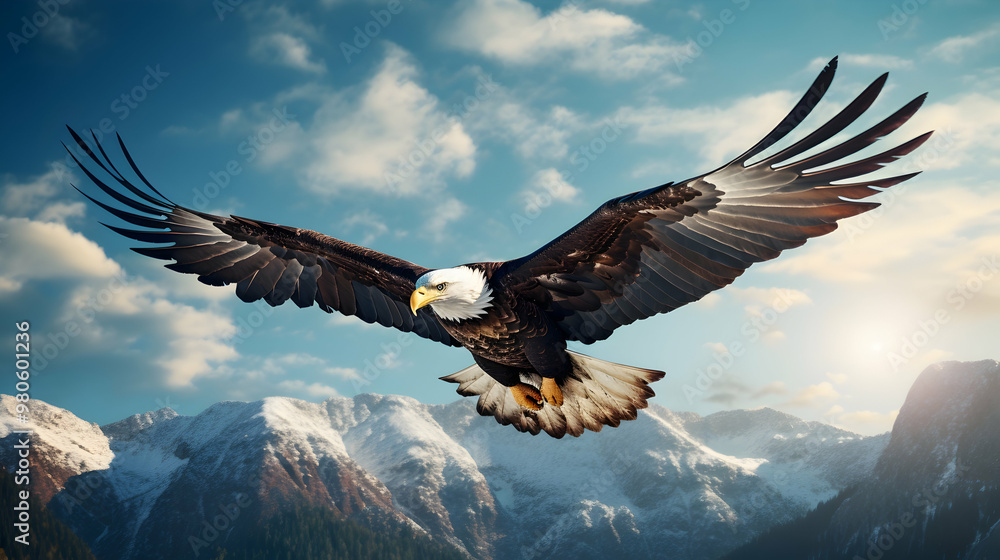 Naklejka premium A soaring eagle in flight wings outstretched