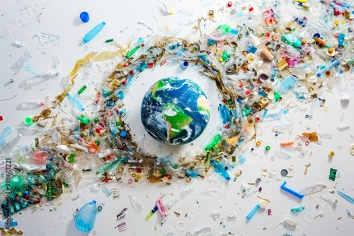 Plastic waste encircling the planet Earth, representing the critical environmental issue of pollution and its devastating impact on global ecosystems and climate.