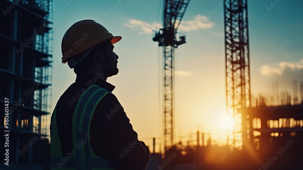 A construction worker observes a building site at sunset, emphasizing the blend of industry and nature. A construction worker observes a building site at sunset, emphasizing the blend of industry and nature.