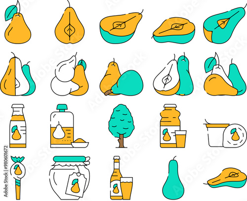 pear fruit half food slice icons set vector. white green leaf, cut fresh juicy ripe, asian organic raw piece, tree pear fruit half food slice color Contour Illustrations