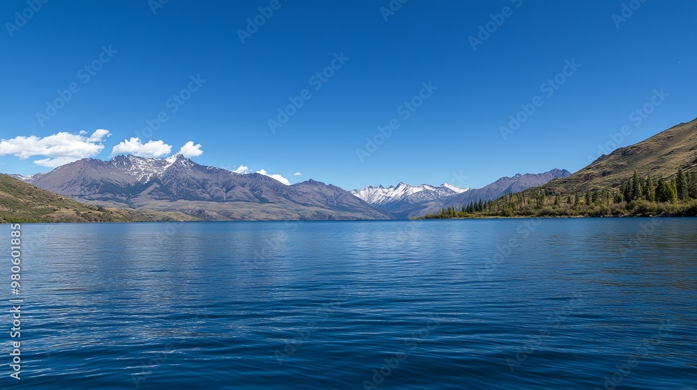Obraz premium A serene lake surrounded by mountains under a clear blue sky, reflecting tranquility and natural beauty.