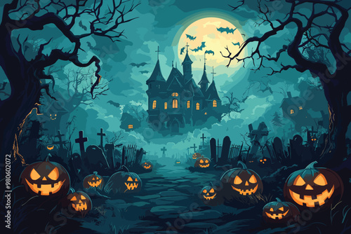 cemetery on halloween night with evil pumpkins, bats and in the background a haunted castle and the full moon. Halloween Banner illustration