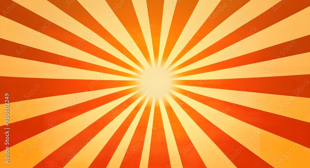 Fototapeta premium Sunburst background. The background is orange, with rays of light shining down from the center. The sun shines brightly in the middle and creates an abstract pattern. 