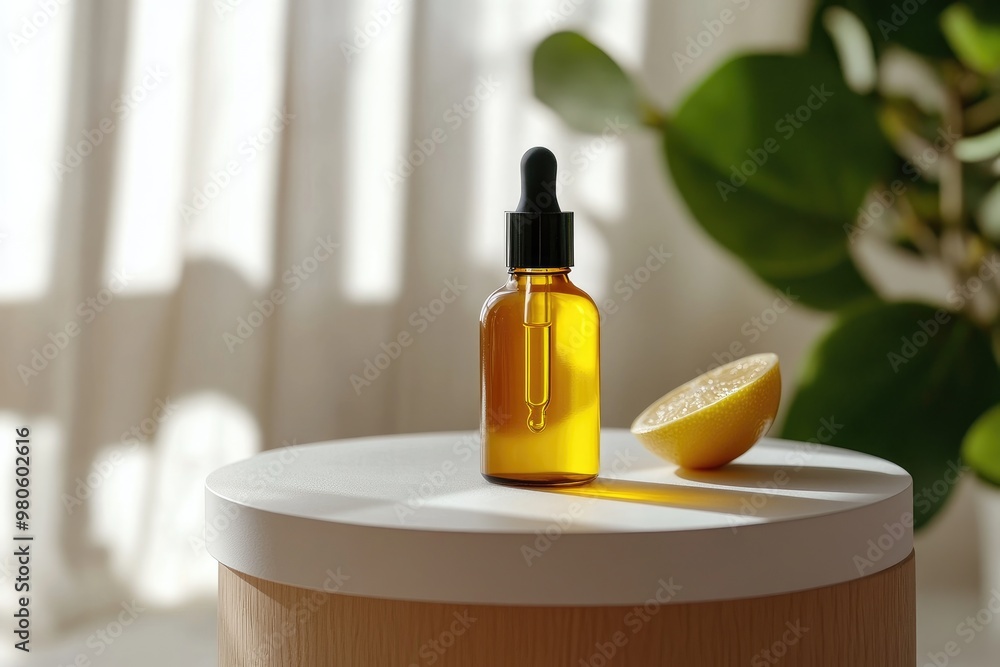 Glass Bottle of Essential Oil with Lemon Slice on a Table Glass Bottle of Essential Oil with Lemon Slice on a Table