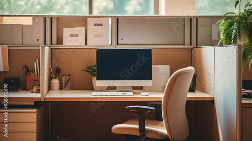 An organized office cubicle with a tidy desk