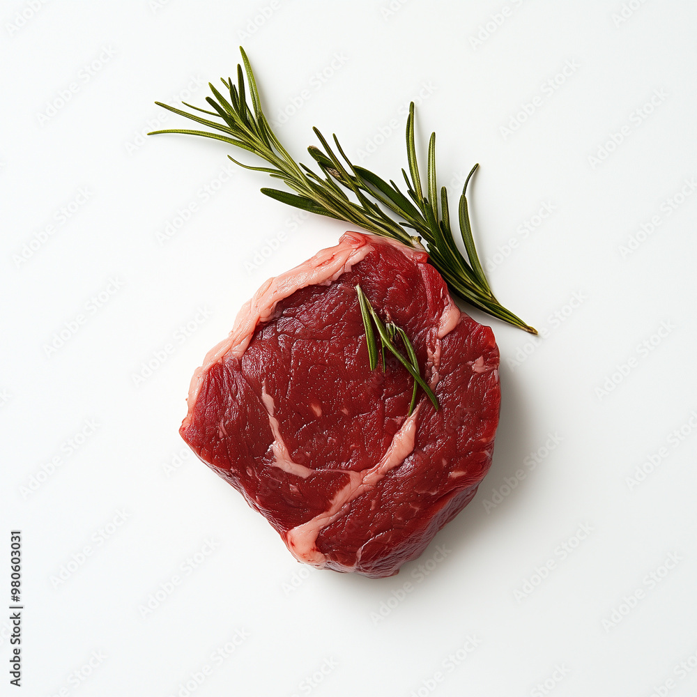 Obraz premium Fresh raw beef steak seasoned with rosemary, peppercorns, and salt on white background ready for cooking. Perfect for food, culinary, and restaurant-related projects.