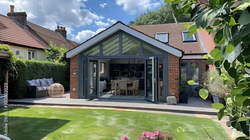 A modern home extension with large glass doors opening onto a patio and a lush green lawn.