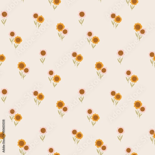 Minimalistic pattern with sunflowers on beige background. Textured design.