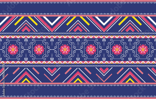 Geometric pattern floral pink.
This image features a navy blue background with pink floral and geometric pattern arranged in rows.
Geometric pattern floral style
Design for textiles,fabric,clothing photo