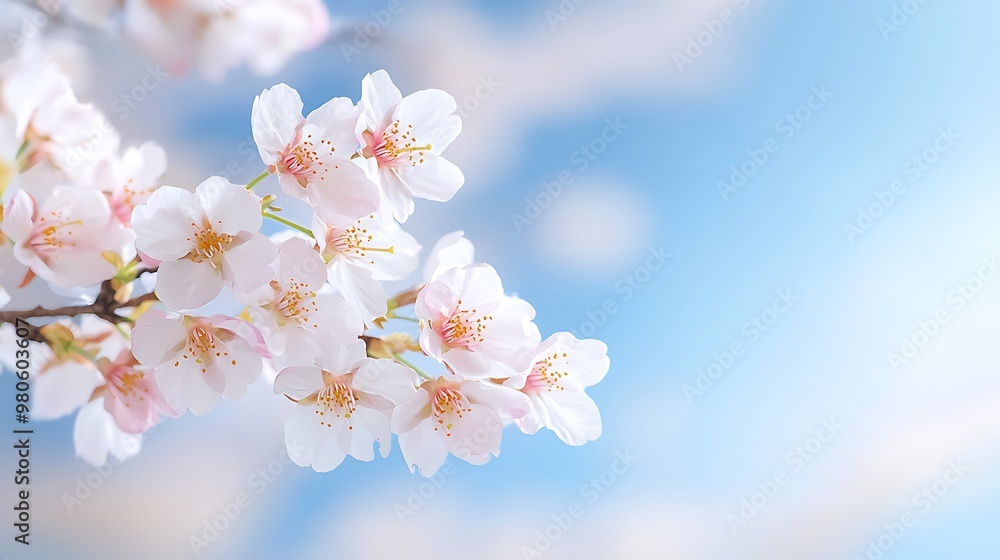 Tree branch covered in fresh pink blossoms, clear blue sky providing copy space for text, perfect for springtime advertising, deep depth of field Tree branch covered in fresh pink blossoms, clear blue sky providing copy space for text, perfect for springtime advertising, deep depth of field