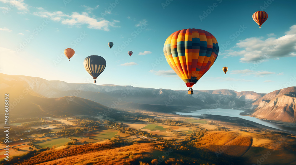 Obraz premium Gliding hot air balloons against a picturesque