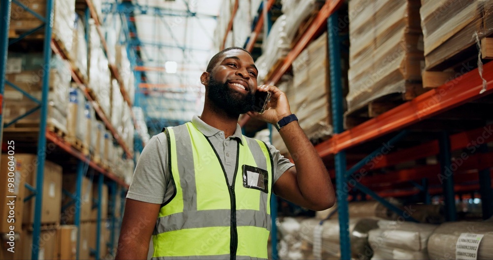 Black man, phone call and logistics at warehouse for distribution, inspection and package inventory. Male person, mobile and discussion for order storage, quality control and supply of stock at depot Black man, phone call and logistics at warehouse for distribution, inspection and package inventory. Male person, mobile and discussion for order storage, quality control and supply of stock at depot