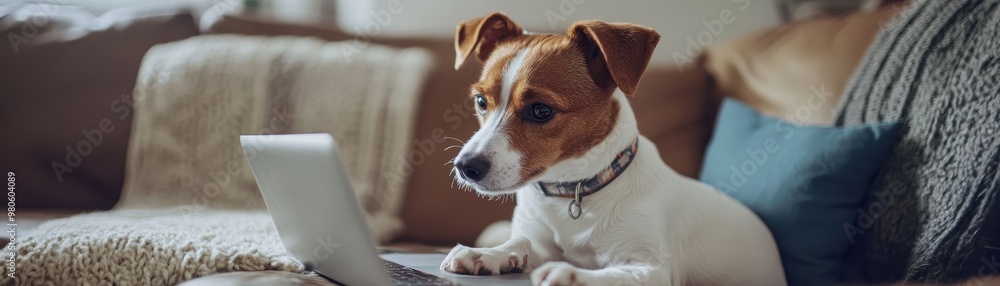 A cute dog with big ears looking intently at a laptop on the couch. A cute dog with big ears looking intently at a laptop on the couch.