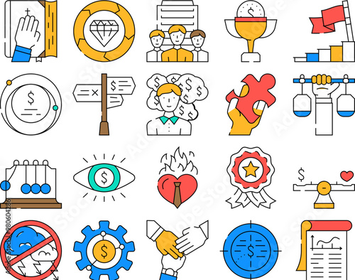 business corporate ethics company icons set vector. integrity trust, honesty value, moral ethics, social culture, responsibility core business corporate ethics company color Contour Illustrations