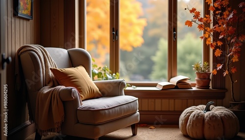 Cozy fall reading nook with a comfy chair, blanket, and a view of autumn foliage through the window