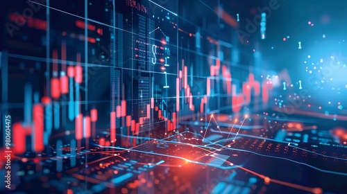 Abstract visualization of data and insights with charts, graphs, and patterns in a blue and red color palette representing digital analytics.