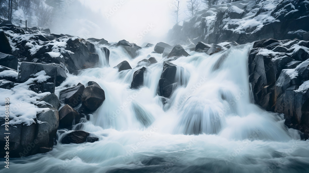 The dynamic flow of rushing waterfalls frozen The dynamic flow of rushing waterfalls frozen