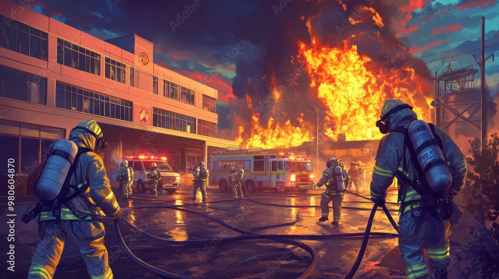 Fototapeta premium Dynamic illustration of firefighters bravely responding to a large industrial fire with trucks and hoses