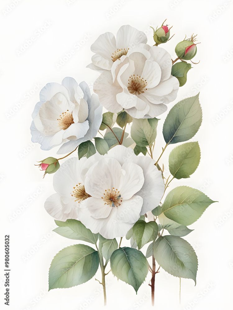 Fototapeta premium Cotton rose flower clipart , white flowers on a white background, Cotton rose painting by watercolor